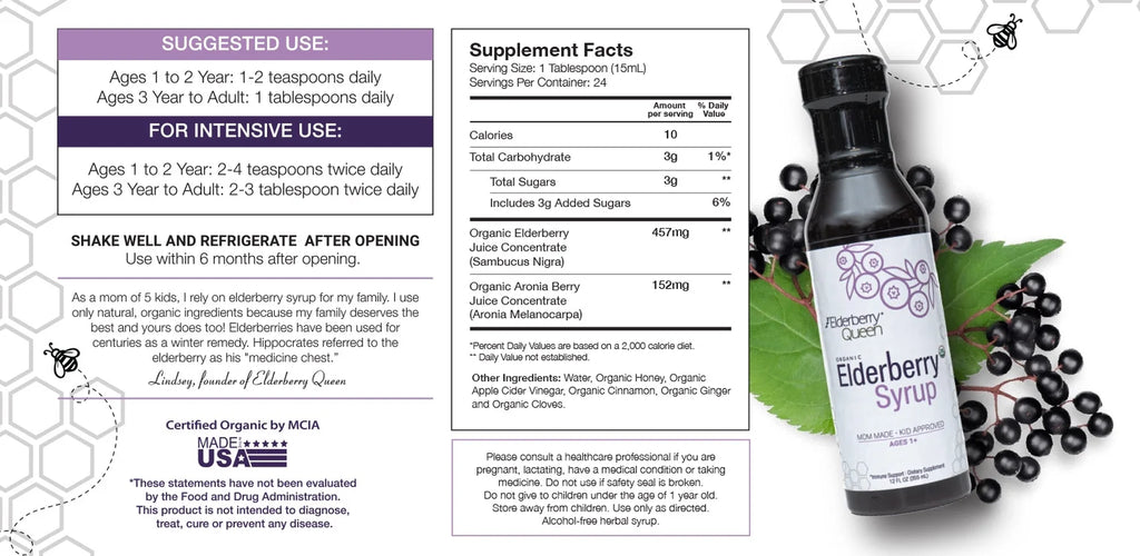Certified Organic Elderberry Syrup Supplement for Immune Support, 12 Fl Oz