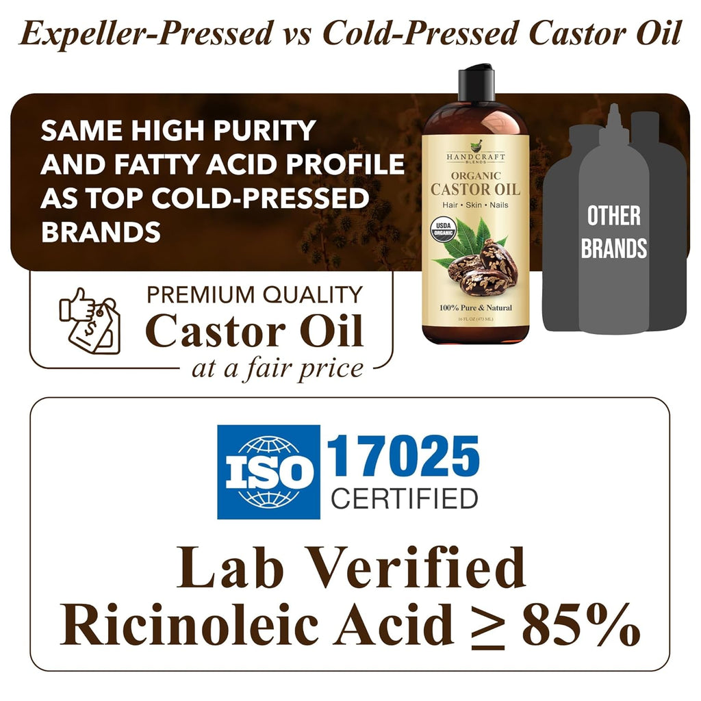 Organic Castor Oil 16 Fl Oz | 100% Pure and Natural | Premium Grade Carrier Oil | Hair, Eyelashes and Eyebrows | Hair and Body | Expeller-Pressed | Hexane-Free