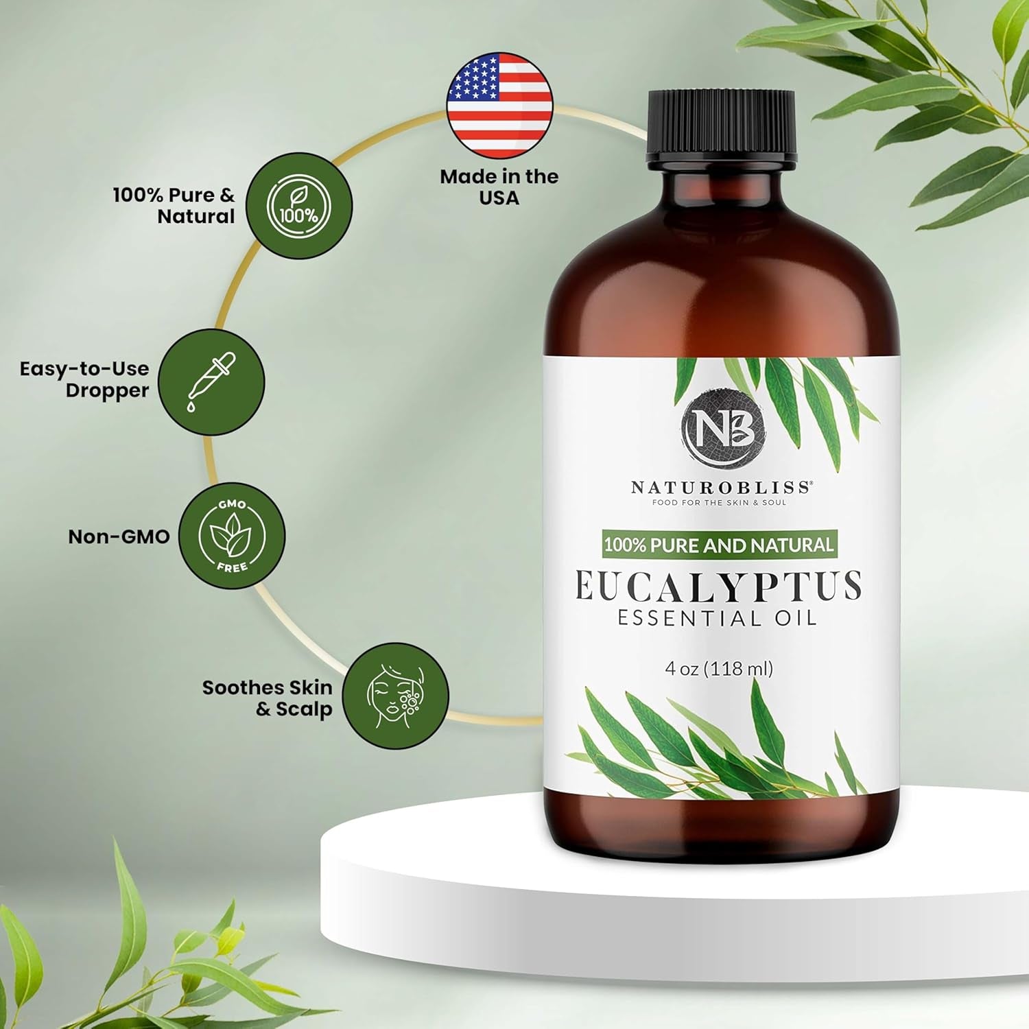 100% Pure Natural Undiluted Eucalyptus Essential Oil (4Oz) Premium Therapeutic Grade Aromatherapy