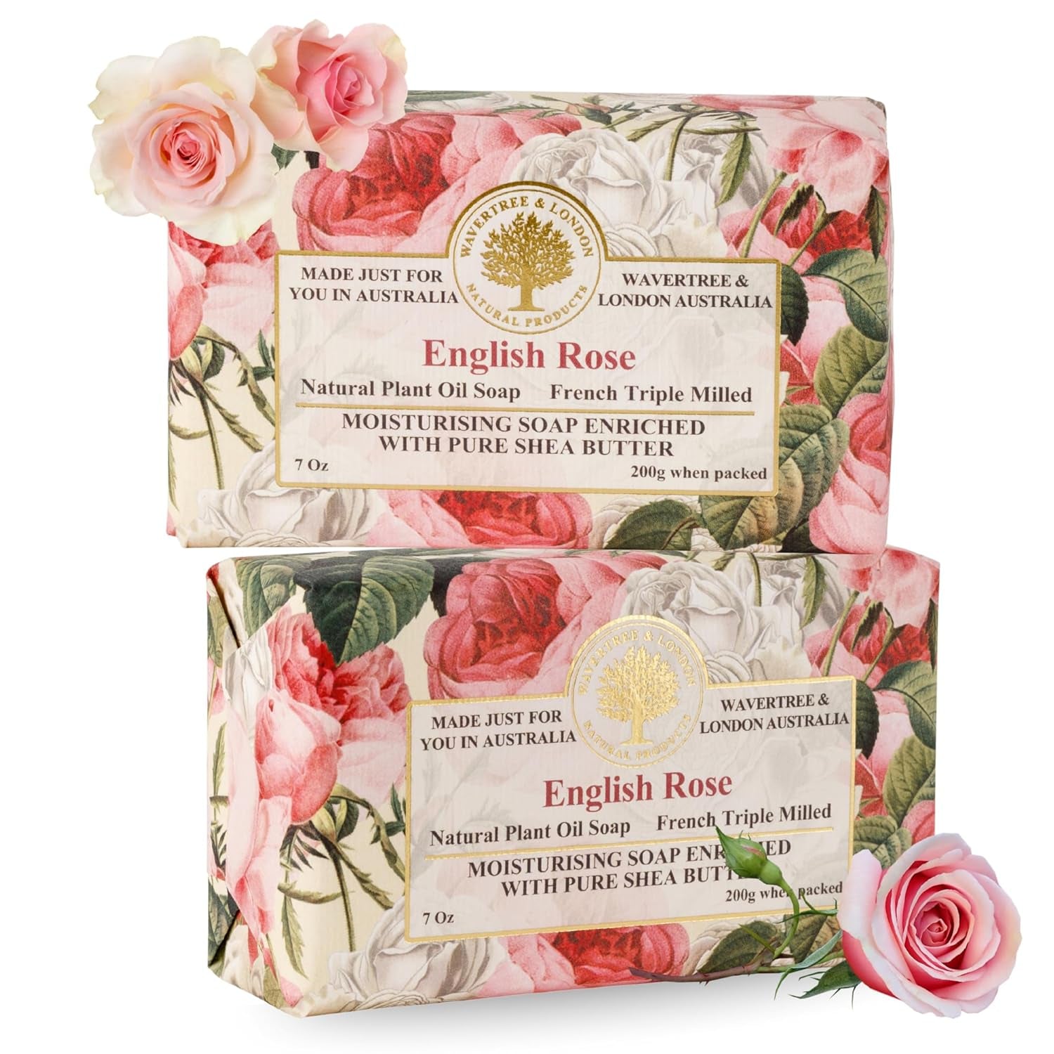 English Rose Scented Natural Soap Bars for Women & Men (2 X 7Oz) – Moisturizing Triple-Milled Soap Bars Enriched with Shea Butter – Plant-Based Bath & Body Bar for All Skin Types