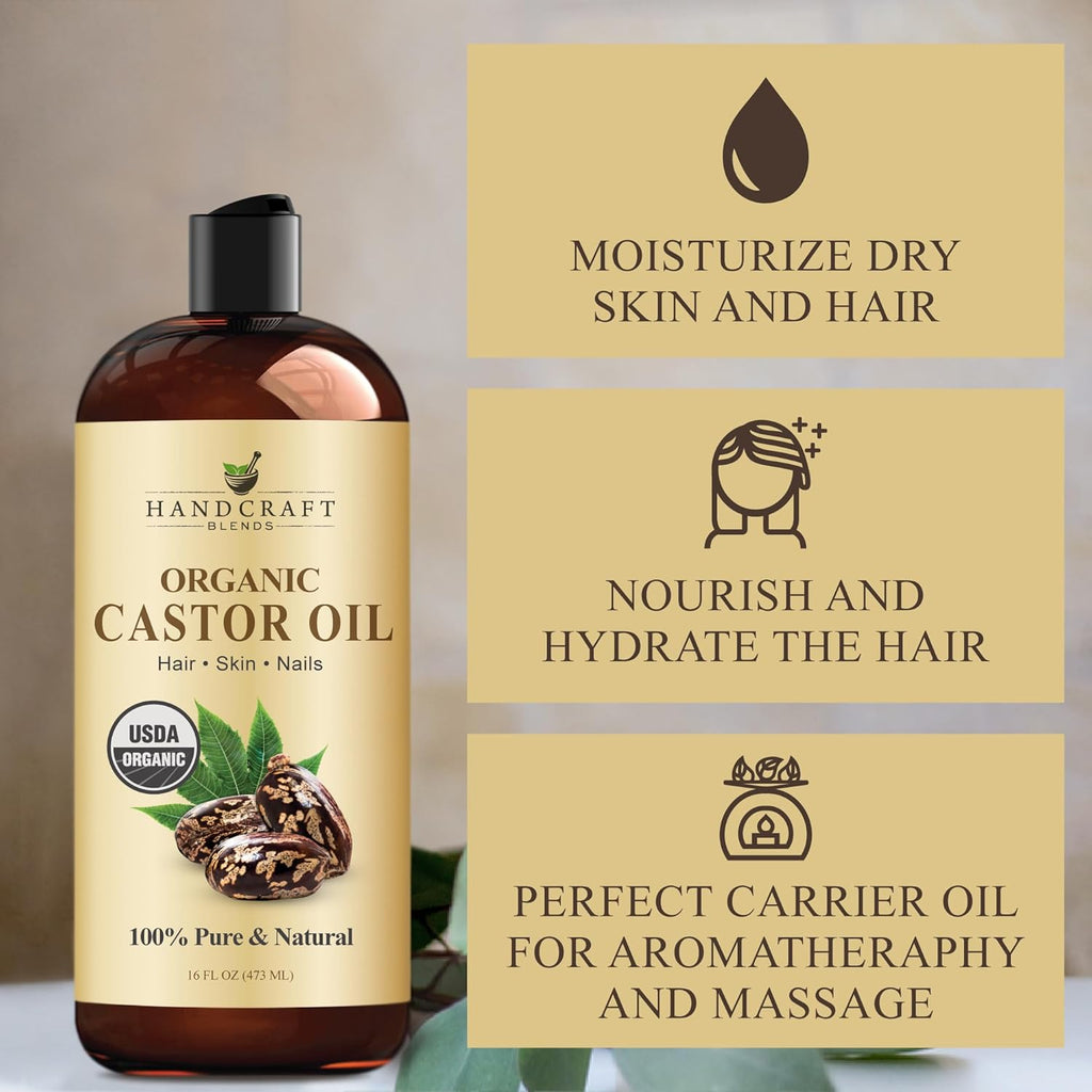 Organic Castor Oil 16 Fl Oz | 100% Pure and Natural | Premium Grade Carrier Oil | Hair, Eyelashes and Eyebrows | Hair and Body | Expeller-Pressed | Hexane-Free