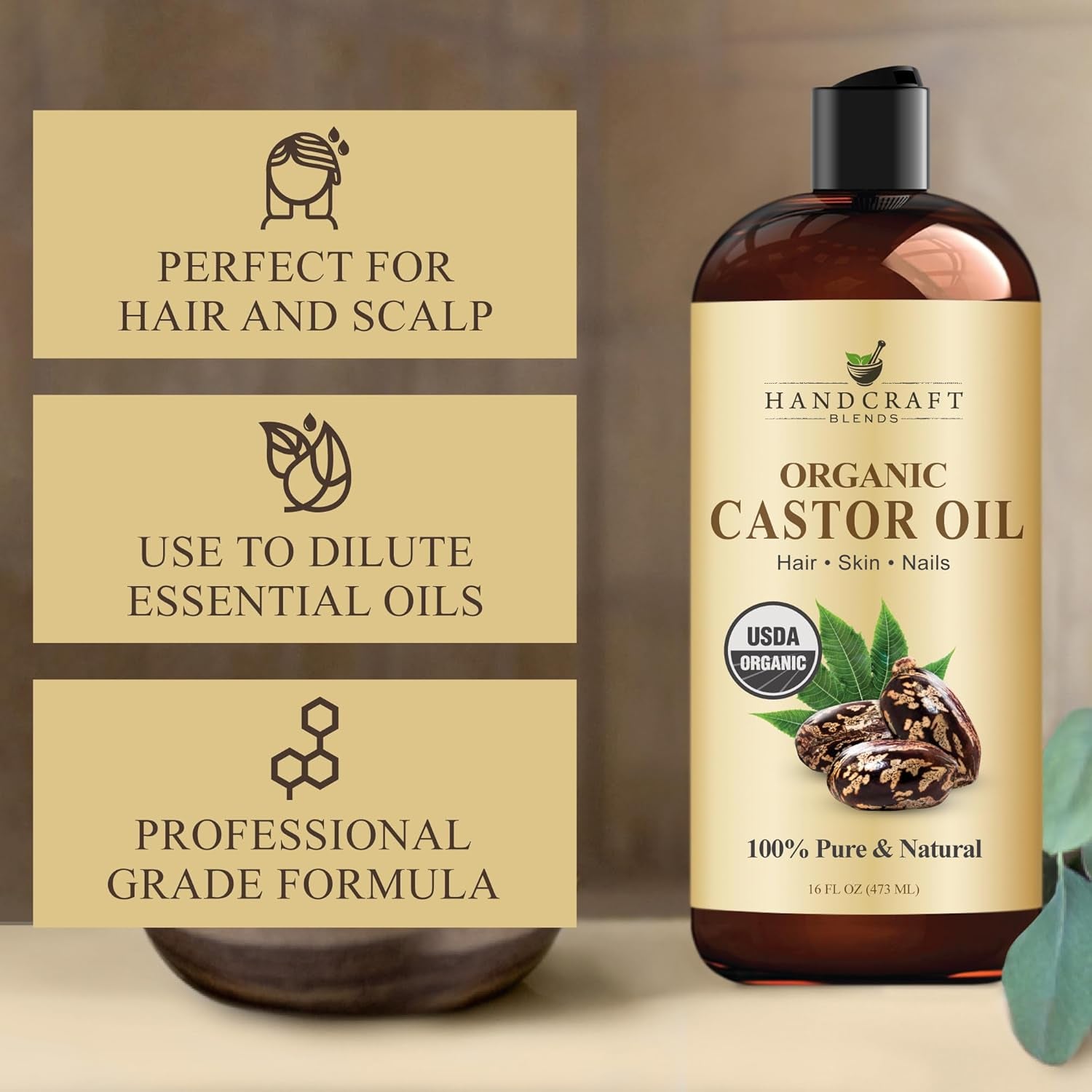 Organic Castor Oil 16 Fl Oz | 100% Pure and Natural | Premium Grade Carrier Oil | Hair, Eyelashes and Eyebrows | Hair and Body | Expeller-Pressed | Hexane-Free