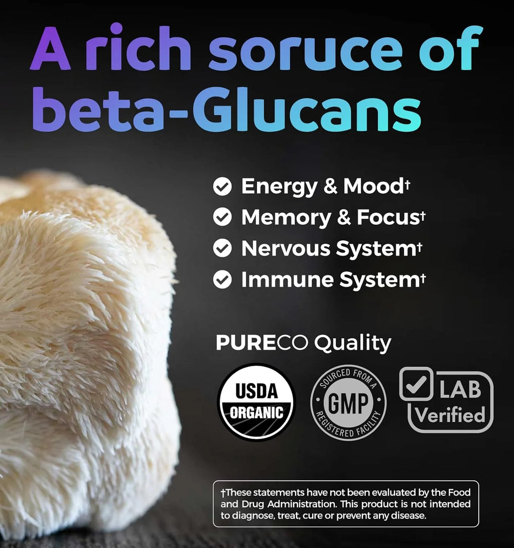 Organic Lion’S Mane Supplement, 10:1 Lion’S Mane Extract for Energy, Memory & Focus, 60 Caps