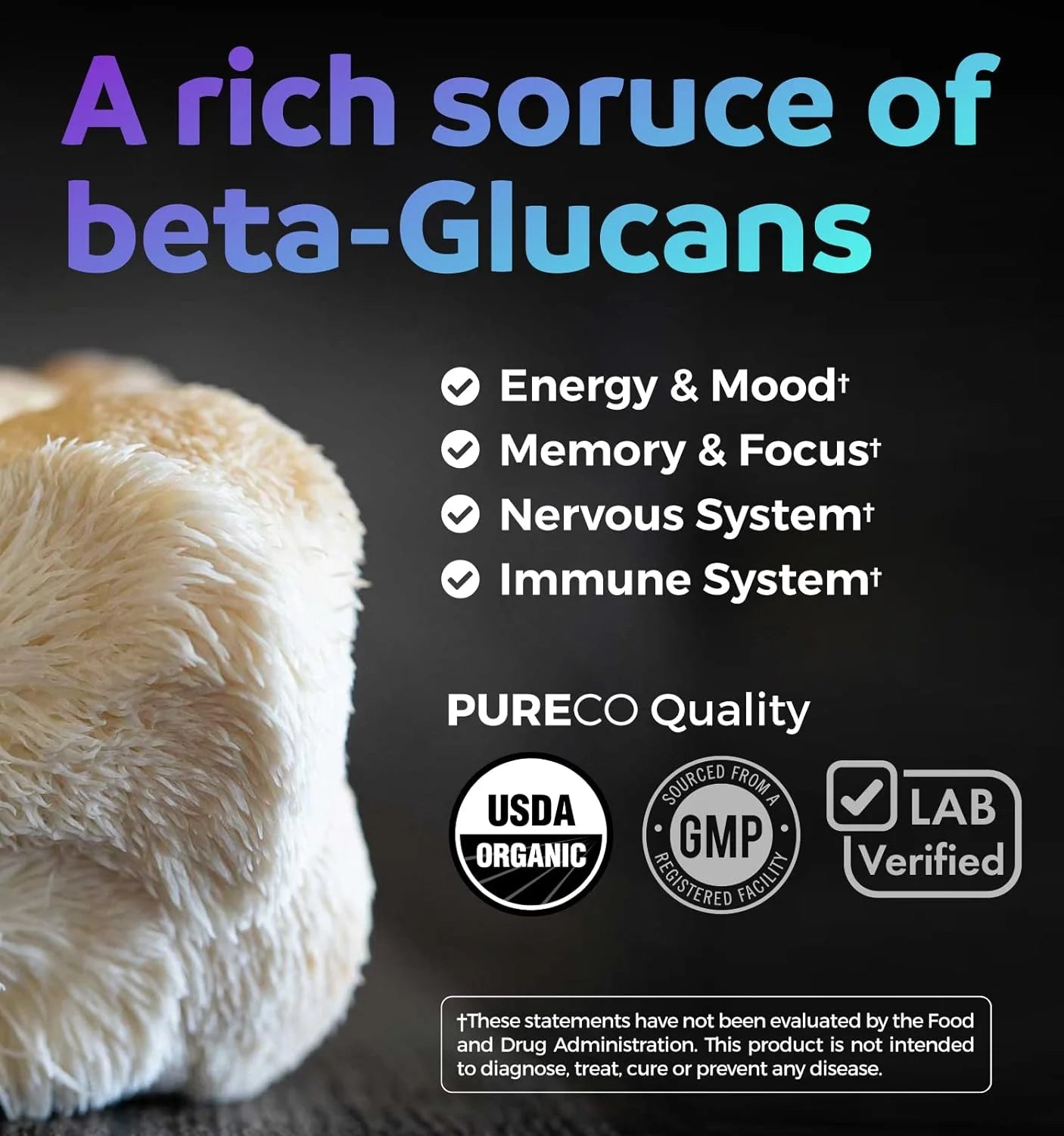 Organic Lion’S Mane Supplement, 10:1 Lion’S Mane Extract for Energy, Memory & Focus, 60 Caps