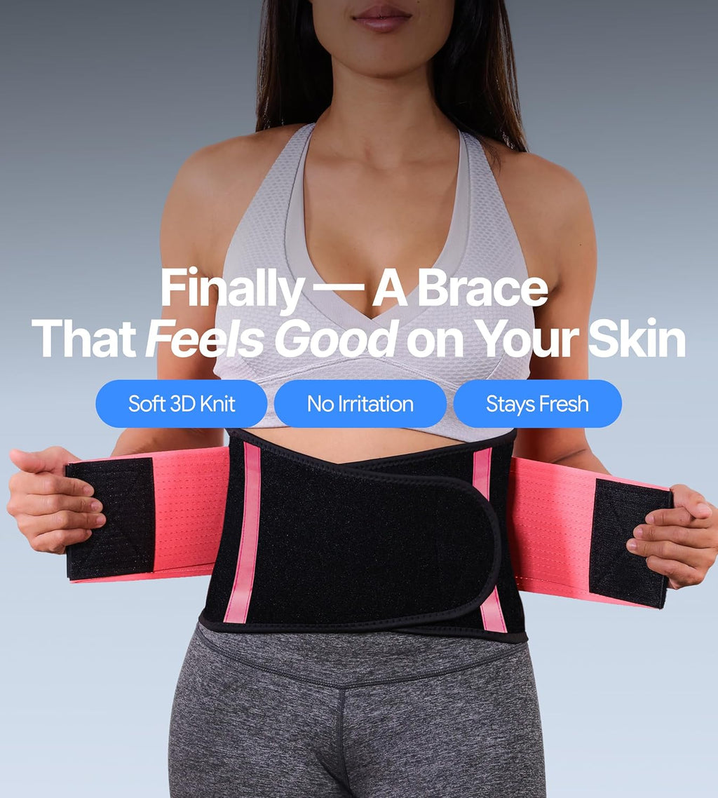Back Brace for Lower Back Pain Women - Ultra Thin, Adjustable, Flexible, Supportive Belt for Men - Breathable Support Brace with Dual-Tension Straps & Industrial Pink M