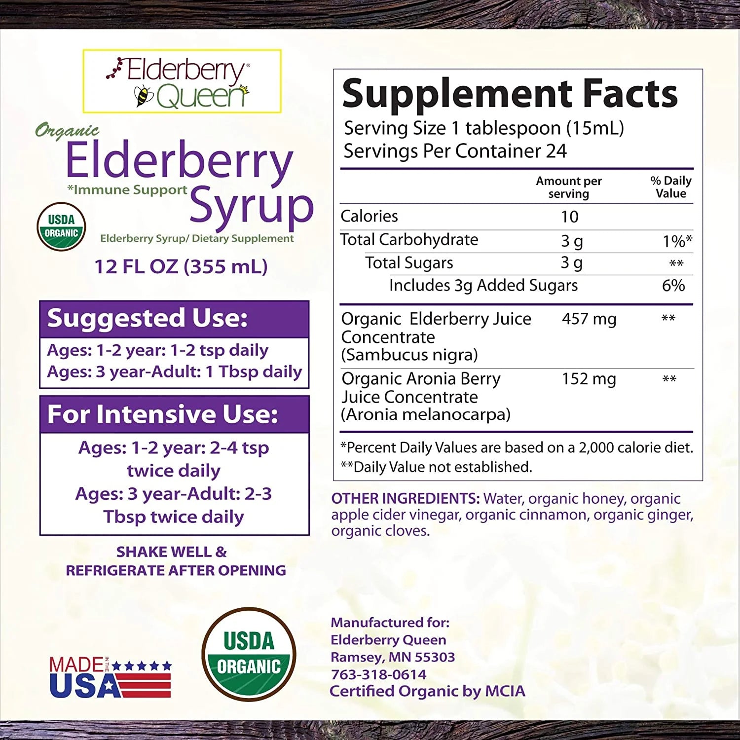 Certified Organic Elderberry Syrup Supplement for Immune Support, 12 Fl Oz