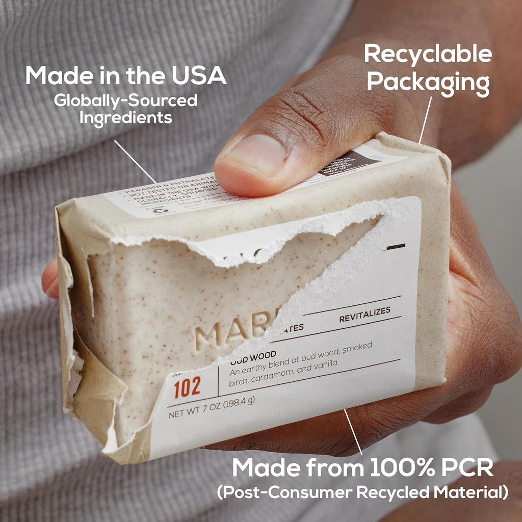 No. 102 Body Scrub Soap 7 Oz (3 Bars), Oud Wood, Exfoliating Soap Bar with Shea Butter, Olive Oil & Green Tea Extracts, Cleanses, Smooths & Revitalizes Skin, Earthy & Smoky Scent