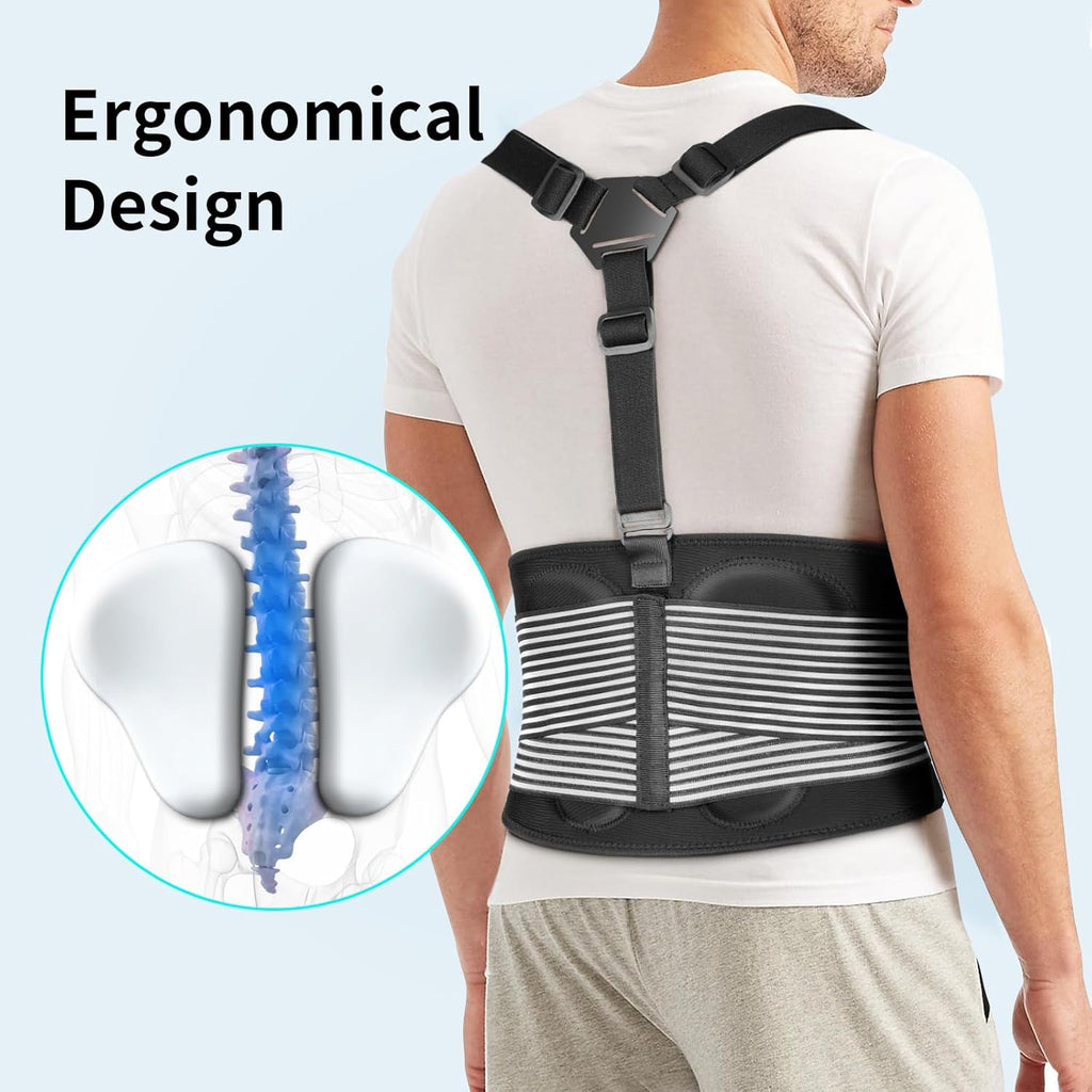 ® Back Brace for Lifting Work Y-Shape Suspenders Safety Belt with Dual 3D Lumbar Support Relieve Pain, Prevent Injury - L