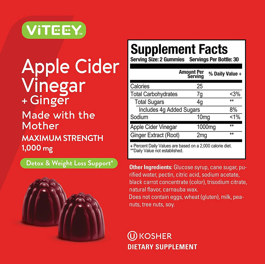 Apple Cider Vinegar Gummies with Ginger, Gut Cleanse Dietary Supplements, Apple Flavor, 60 Ct