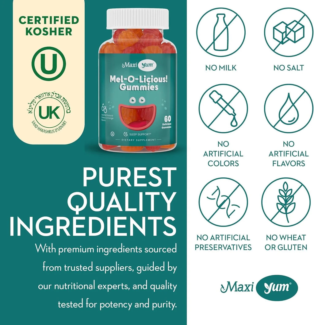 Mel-O-Licious Melatonin Gummies for Kids – 1Mg Sleep Support – 60 Count – Cherry & Orange Flavor