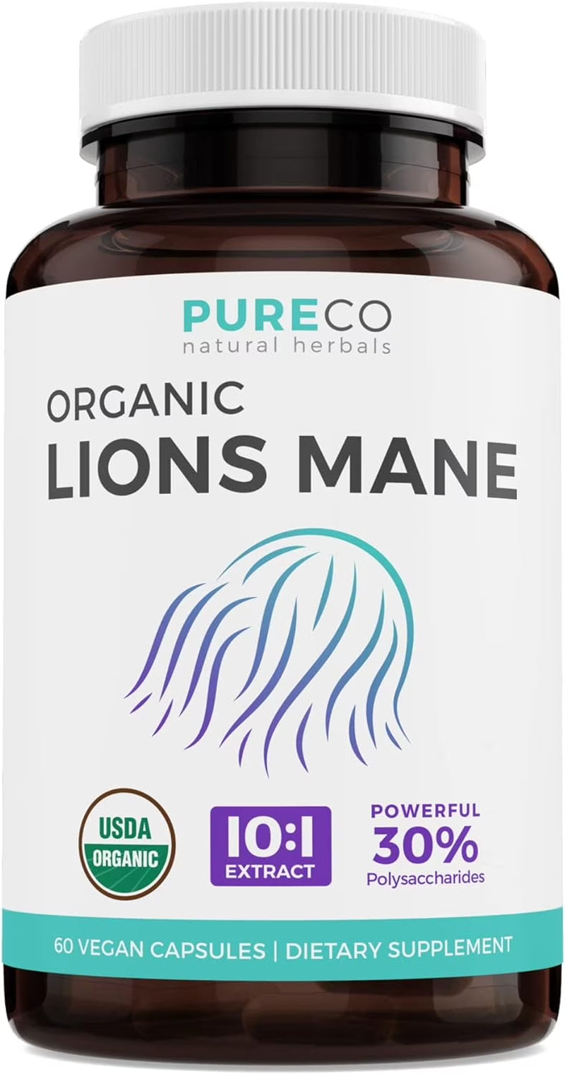 Organic Lion’S Mane Supplement, 10:1 Lion’S Mane Extract for Energy, Memory & Focus, 60 Caps