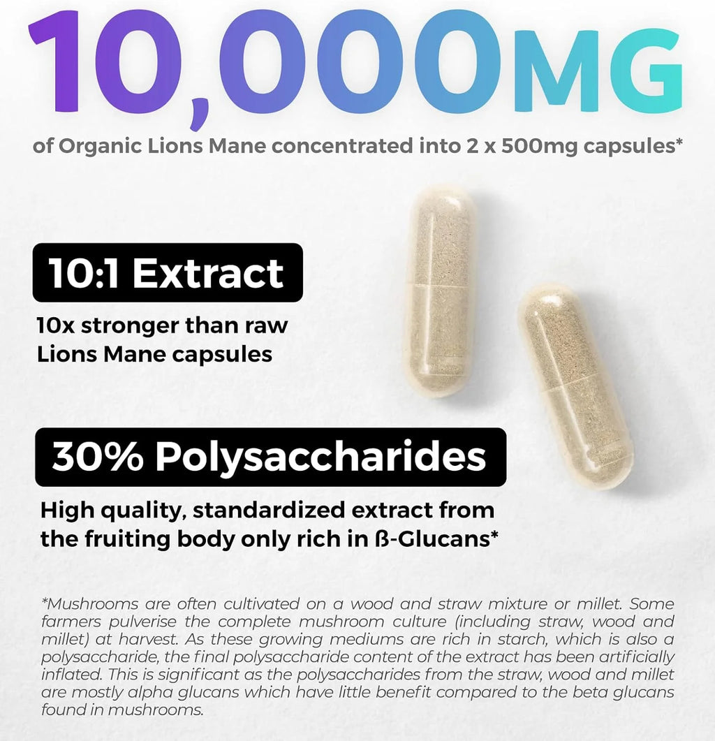 Organic Lion’S Mane Supplement, 10:1 Lion’S Mane Extract for Energy, Memory & Focus, 60 Caps