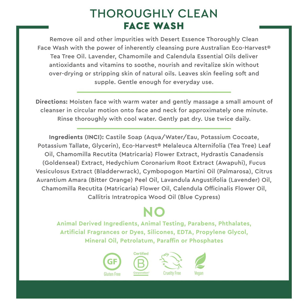Thoroughly Clean Face Wash with Tea Tree Oil, Castile Soap and Coconut Oil - Organic Facial Cleanser for Sensitive and Oily Skin, Vegan & Cruelty-Free, 32 Fl Oz