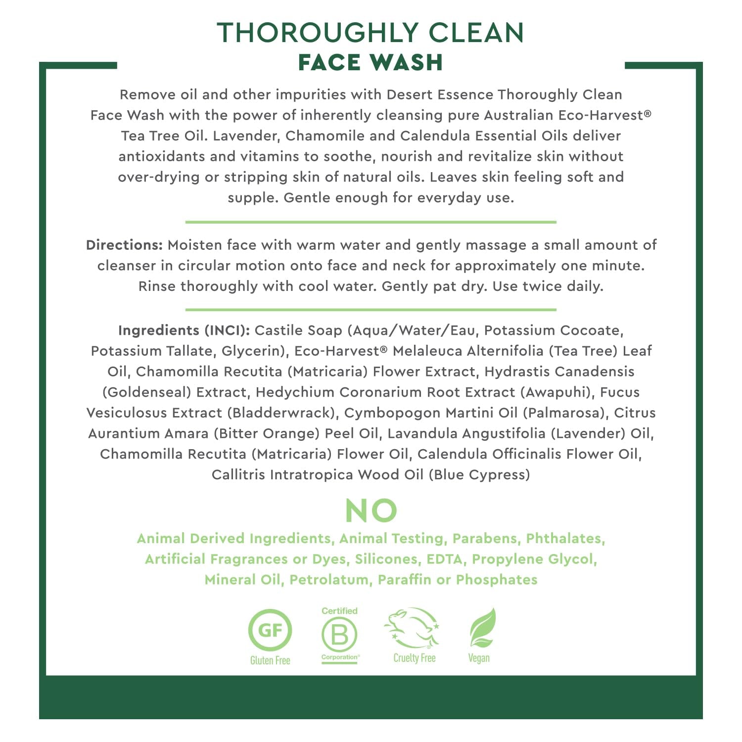 Thoroughly Clean Face Wash with Tea Tree Oil, Castile Soap and Coconut Oil - Organic Facial Cleanser for Sensitive and Oily Skin, Vegan & Cruelty-Free, 32 Fl Oz