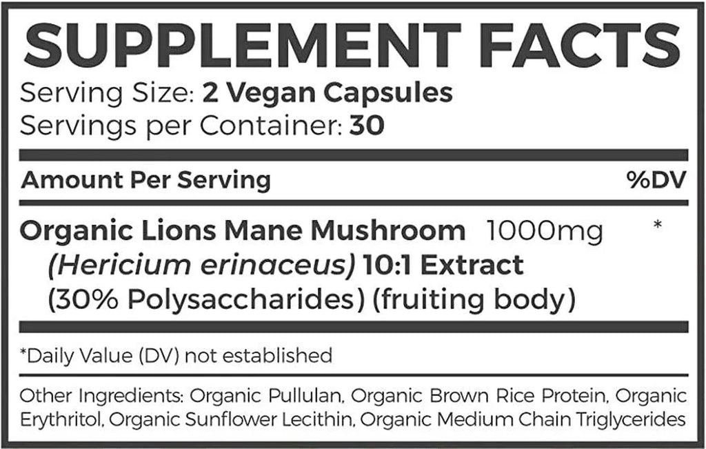Organic Lion’S Mane Supplement, 10:1 Lion’S Mane Extract for Energy, Memory & Focus, 60 Caps