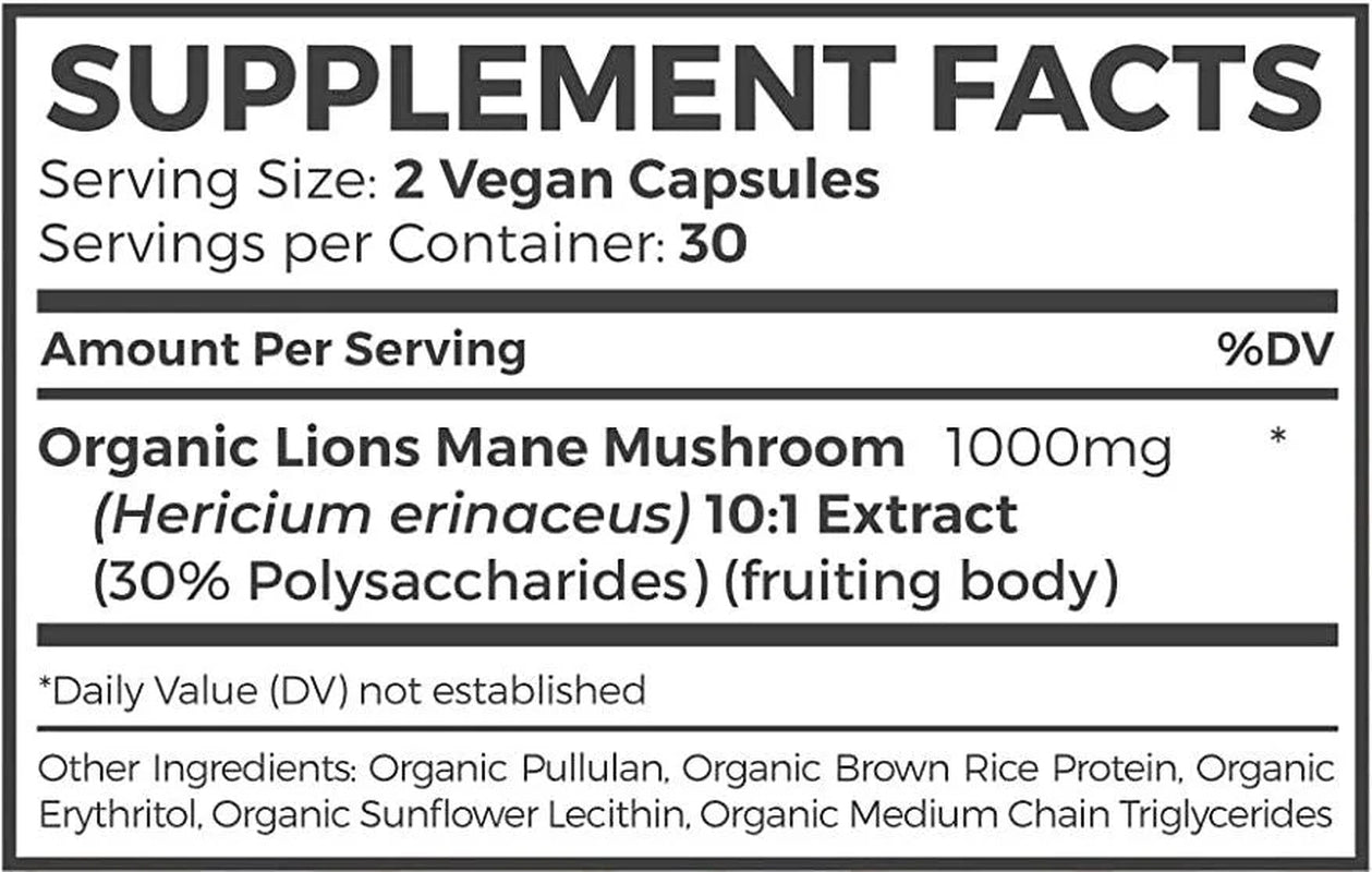 Organic Lion’S Mane Supplement, 10:1 Lion’S Mane Extract for Energy, Memory & Focus, 60 Caps